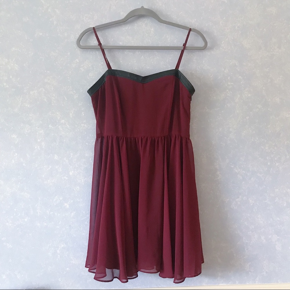Flowy Wine-Colored Dress w/ Faux Leather Detail